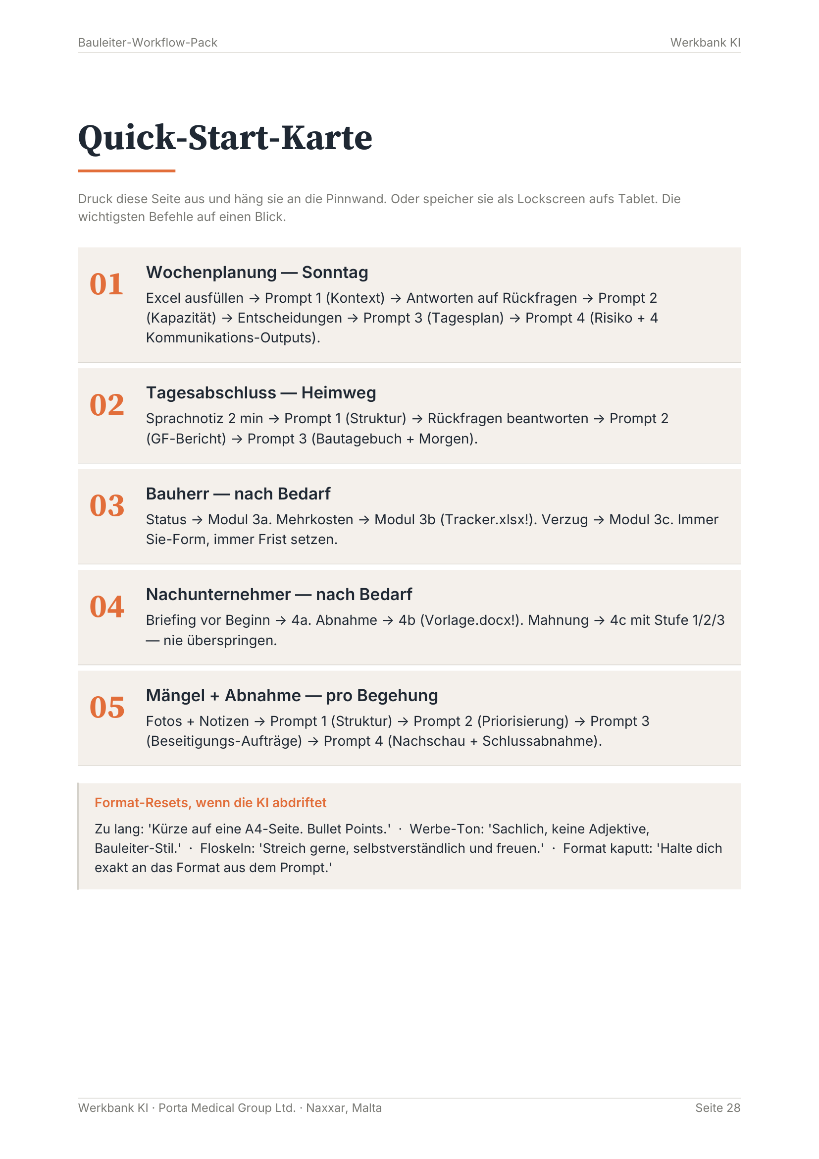 Quick-Start-Karte aus dem Workflow-Pack