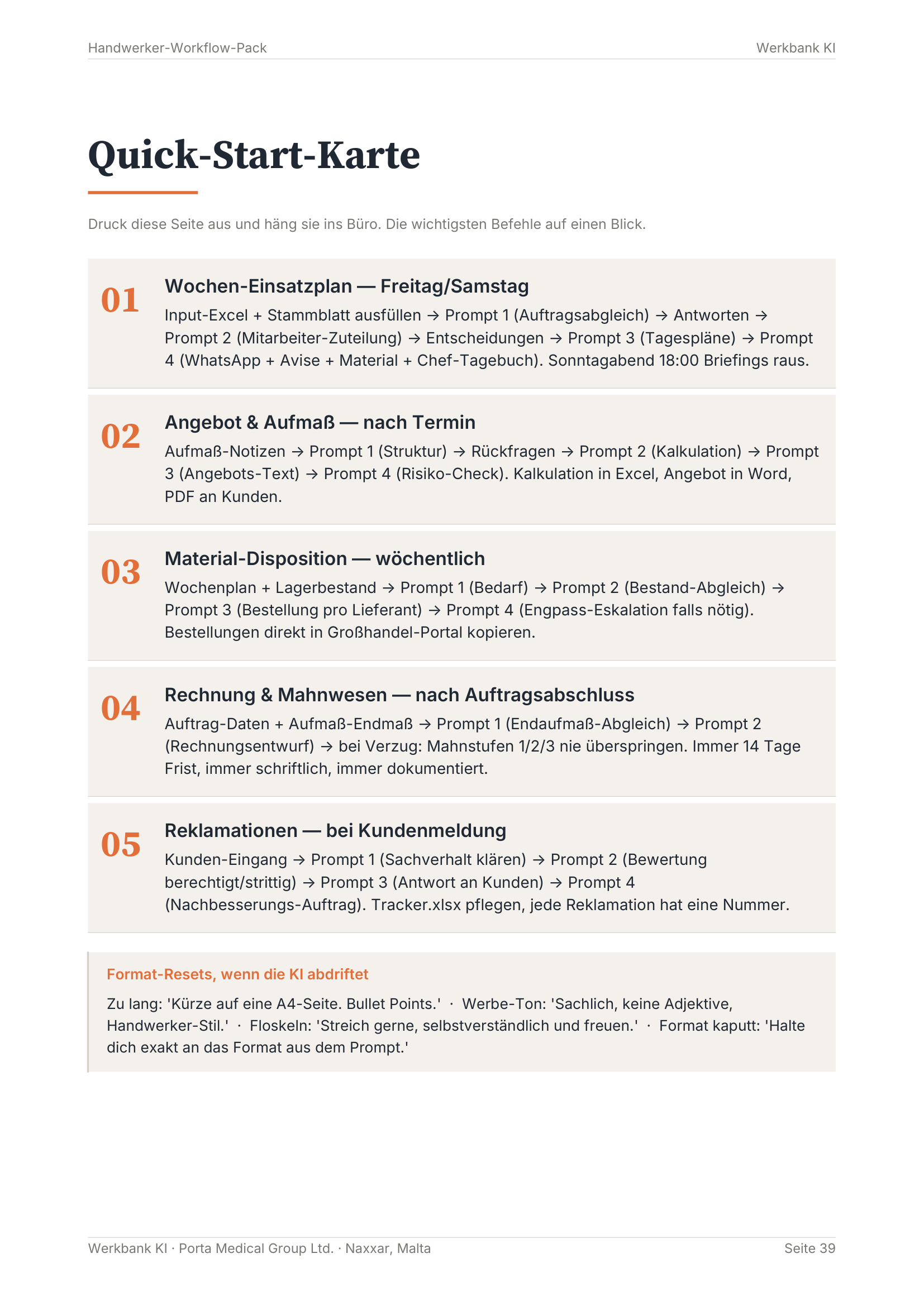 Quick-Start-Karte aus dem Workflow-Pack